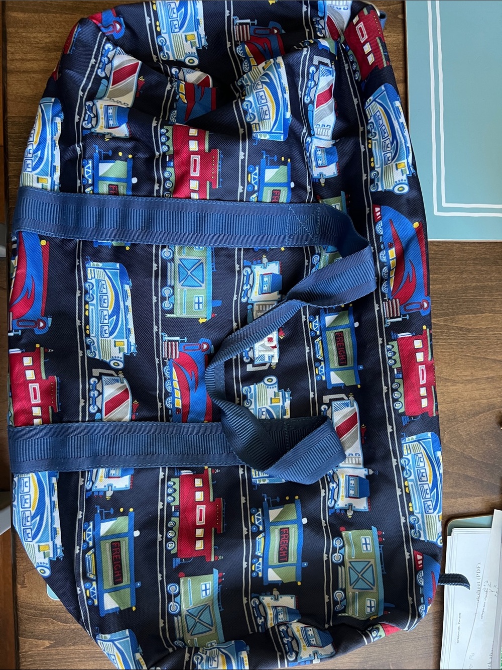 Pottery Barn Kids Navy Tote with Red, Blue, Yellow Train Print